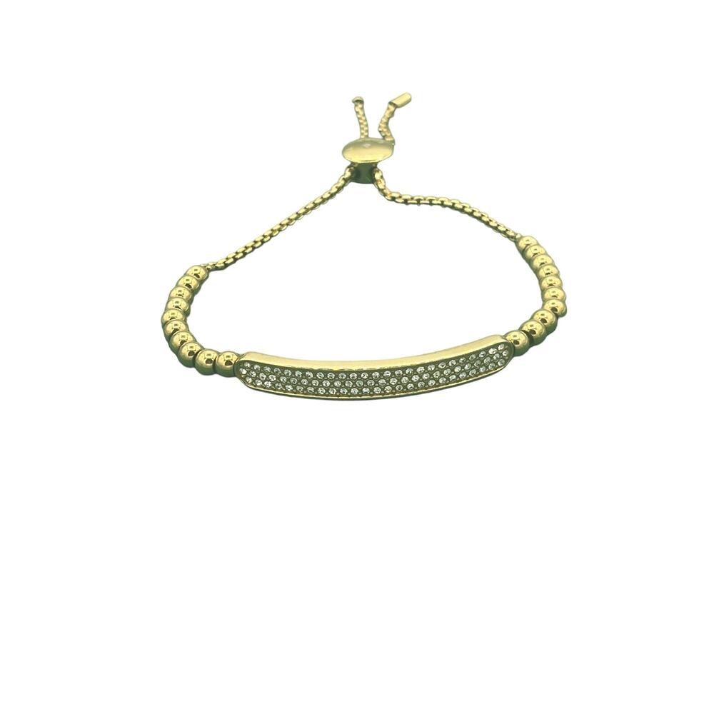 Michael Kors Logo Plaque Gold Beaded Slider Bracelet / Crystals